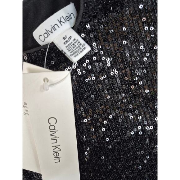 NWT Calvin Klein Fully Sequined Black Poly Spandex Top Shell  Zipper Back Sz S - Picture 4 of 6